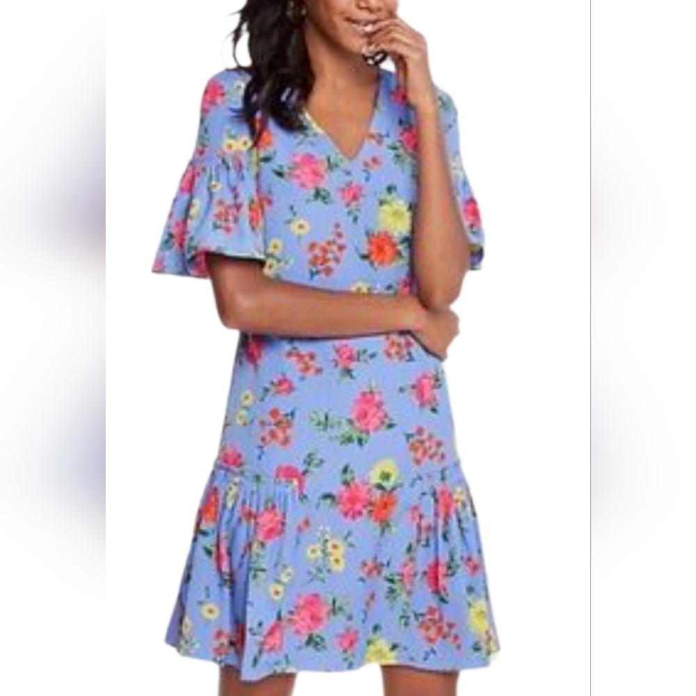 Ann Taylor light blue colorful floral flounce ruffled sleeve swing dress 4